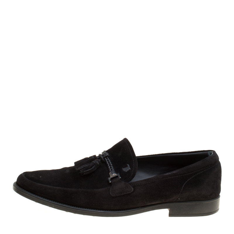 

Tod's Black Suede Braided Tassel Loafers Size
