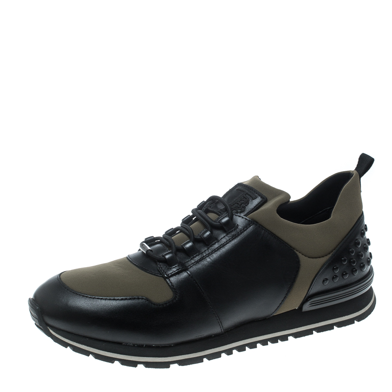 Tod's Khaki Green/Black Knit Fabric and Leather Pebbled Heel Slip On Sneakers Size 42