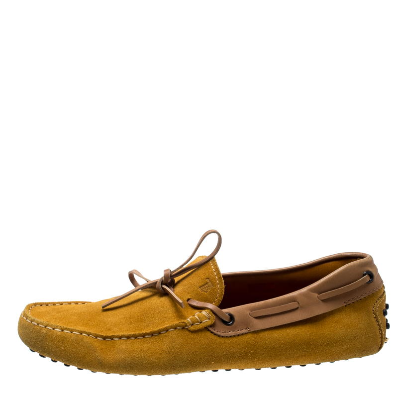 

Tod's Yellow Suede And Beige Leather Trim Bow Loafers Size