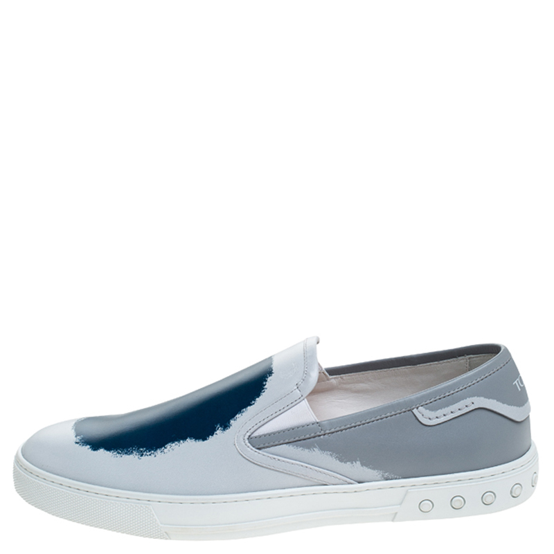 

Tod's Grey/Blue Leather Paint Splotch Slip On Sneakers Size