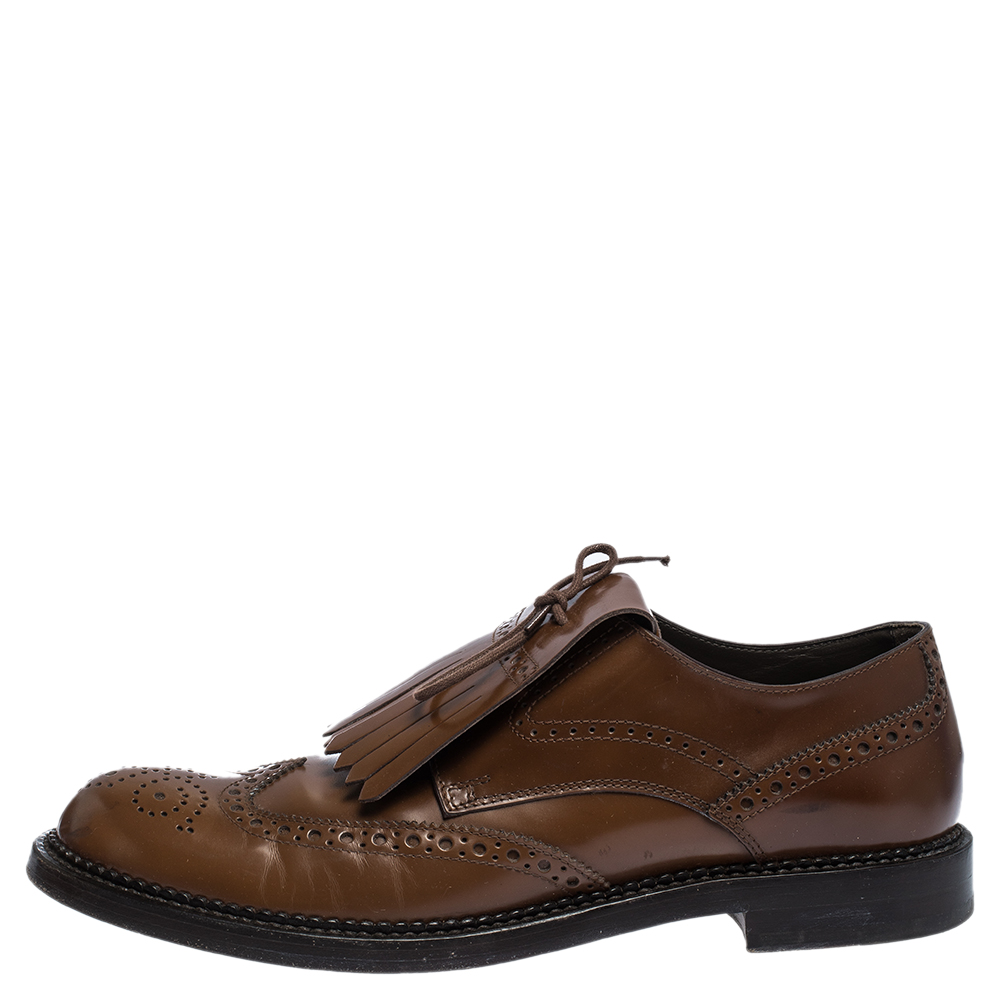

Tod's Brown Leather Fringe Lace Bow Brogue Derby Size