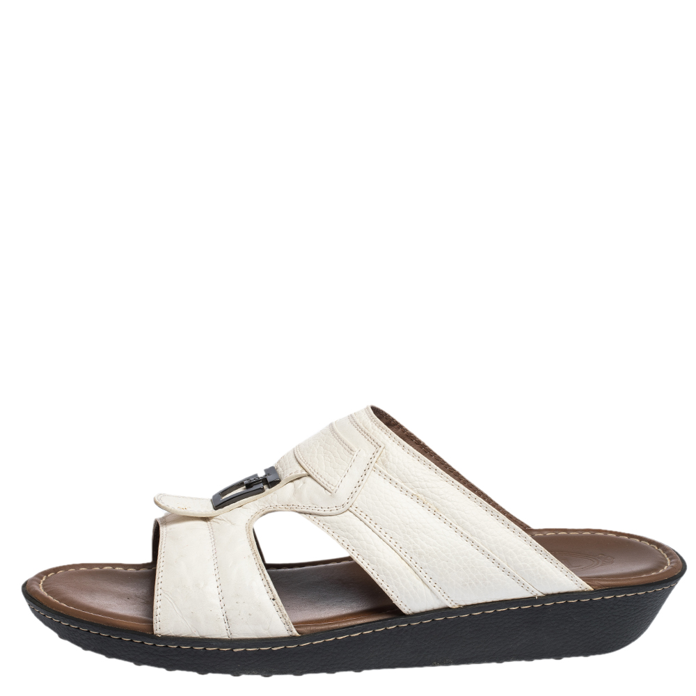 

Tod's White Leather And Ostrich Embossed Trim Platform Slide Sandals Size