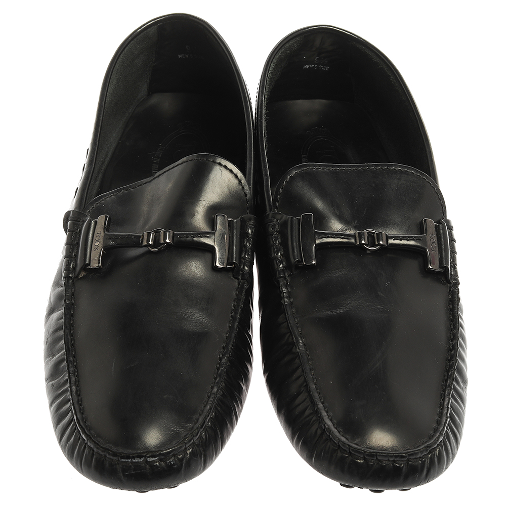 Tod`s Black Leather Double T Slip On Loafers Size 44 