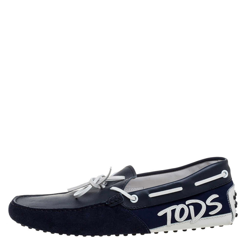 

Tod's Blue/White Suede Leather And Fabric Bow Slip On Loafers Size