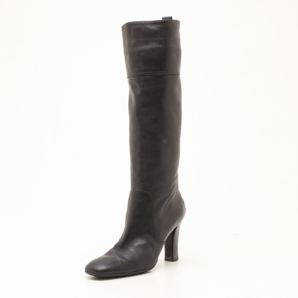 Pre Owned Tod's Black Leather Tall Boots Size 39.5