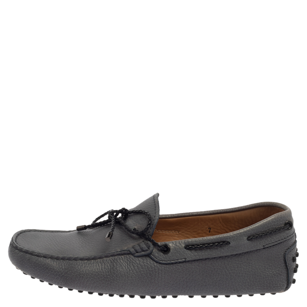 

Tod's Grey Leather Gommino Driving Bow Loafers Size