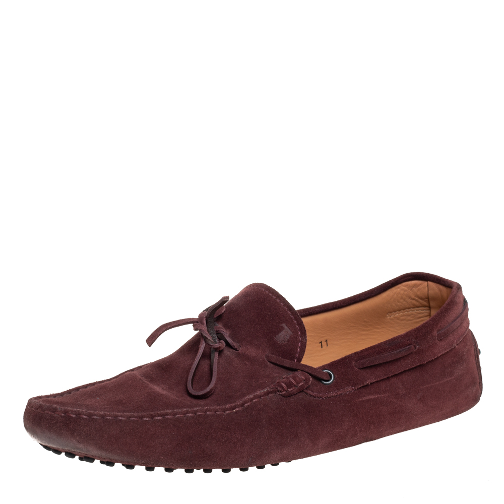 Pre-owned Tod's Burgundy Suede Bow Gommino Loafers Size 45.5