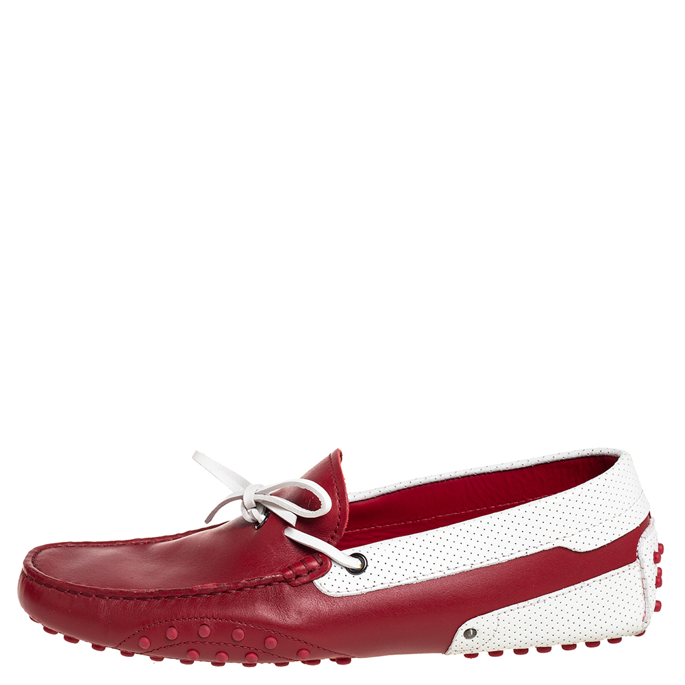 

Tod's By Ferrari Red/White Leather Bow Slip On Loafers Size