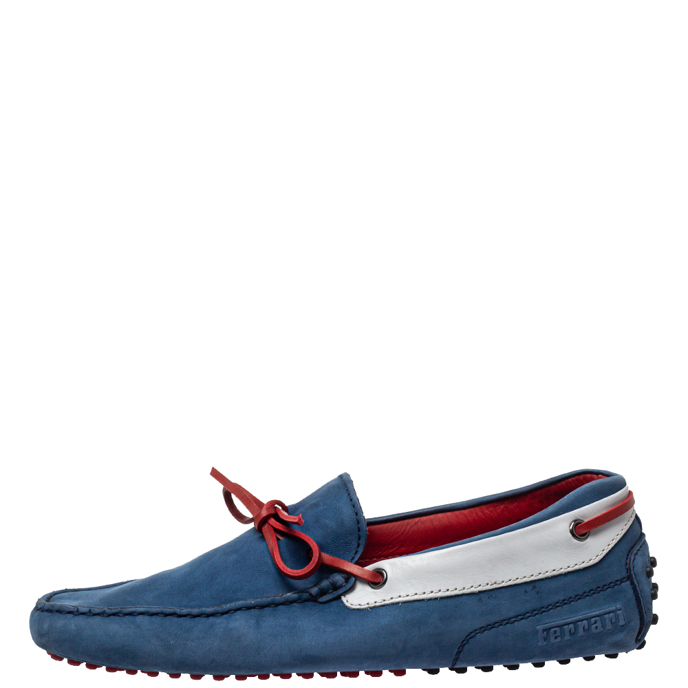 

Tod's For Ferrari Blue/Red Nubuck Leather Bow Slip On Loafers Size
