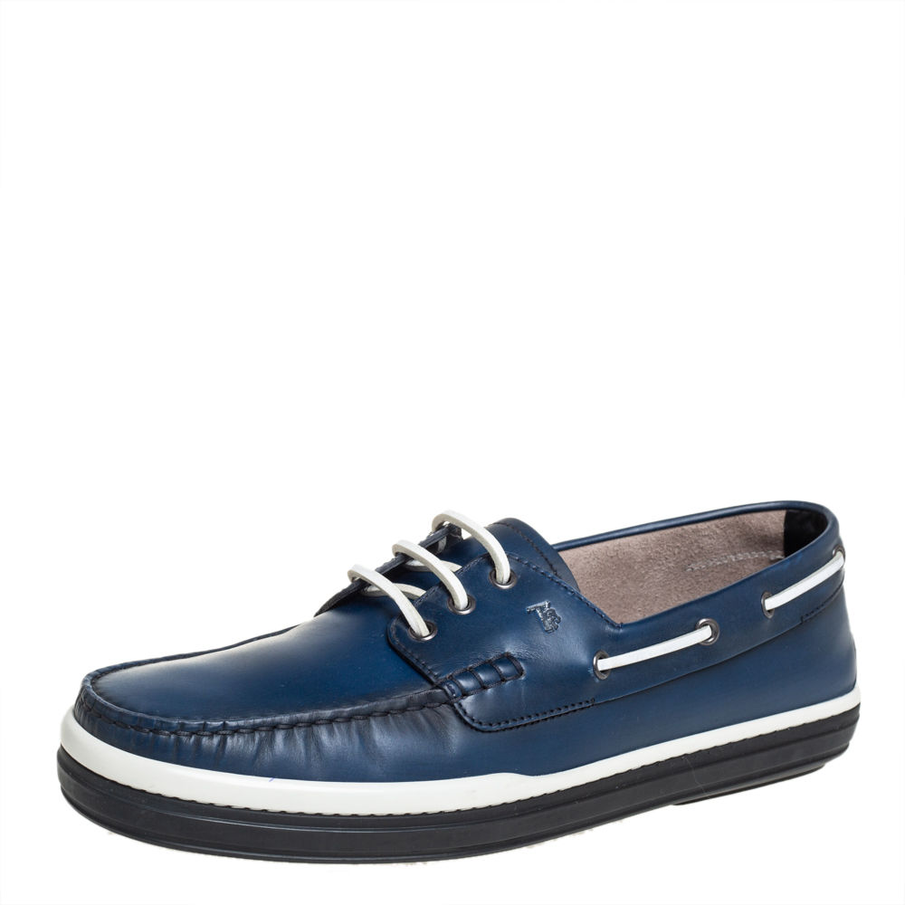 Pre-owned Tod's Blue Leather Lace Up Boat Shoes Size 44
