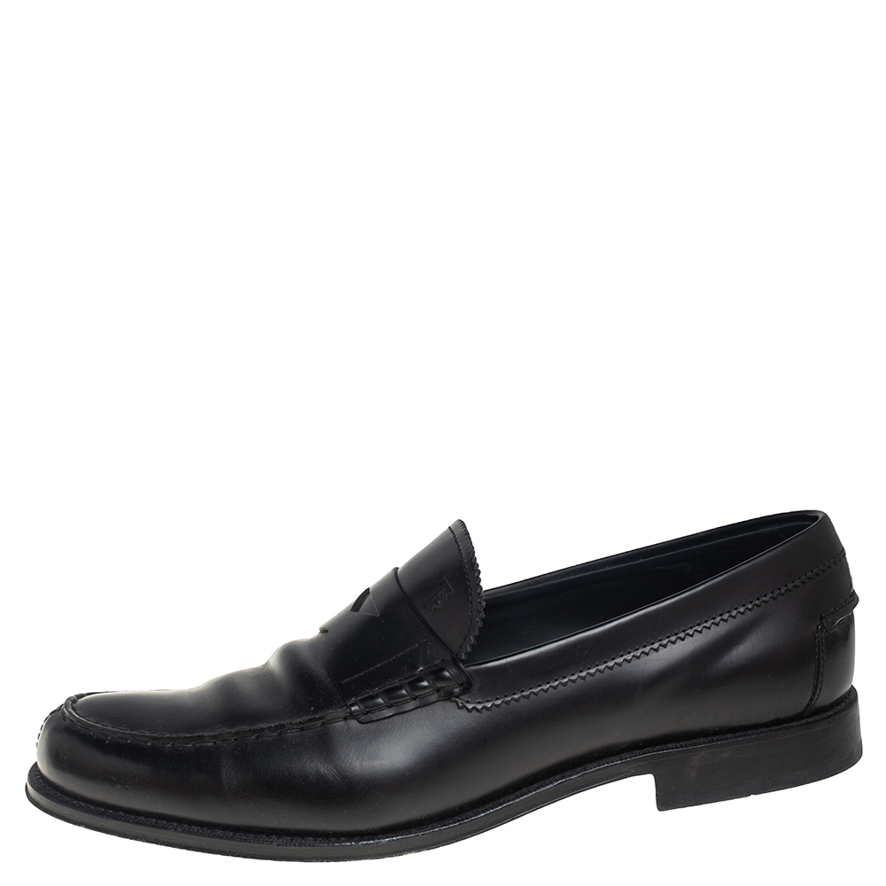 

Tod's Black Leather Penny Slip On Loafers Size