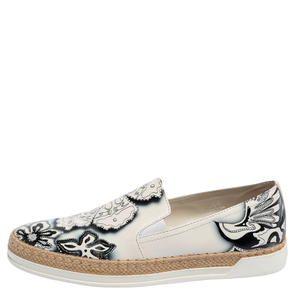 

Tod's White Printed Leather Espadrille Slip On Sneakers Size