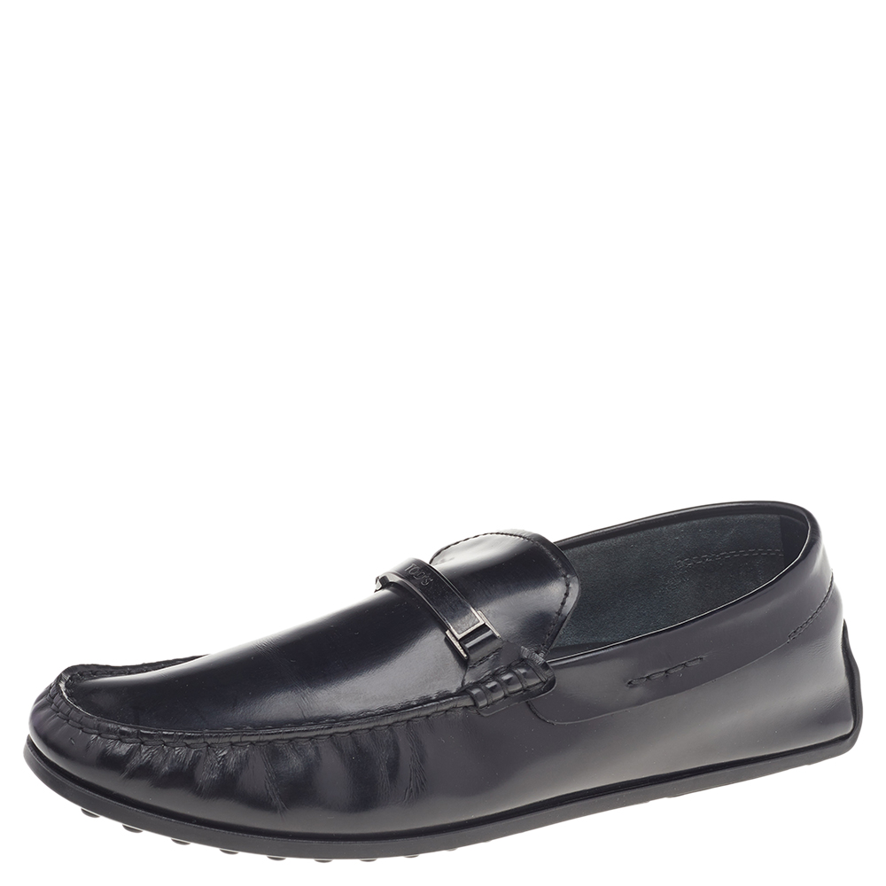 

Tod's Black Leather Logo Trim Slip On Loafers Size