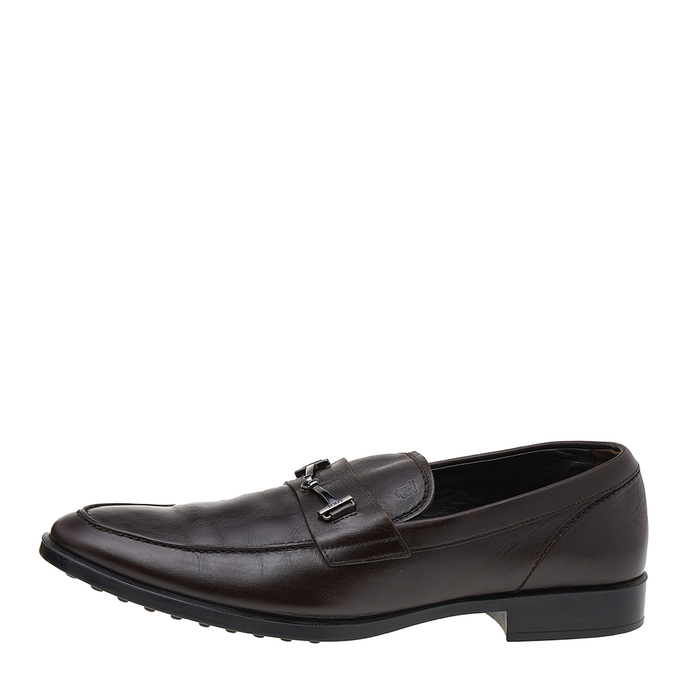 

Tod's Dark Brown Leather T Logo Slip On Loafers Size