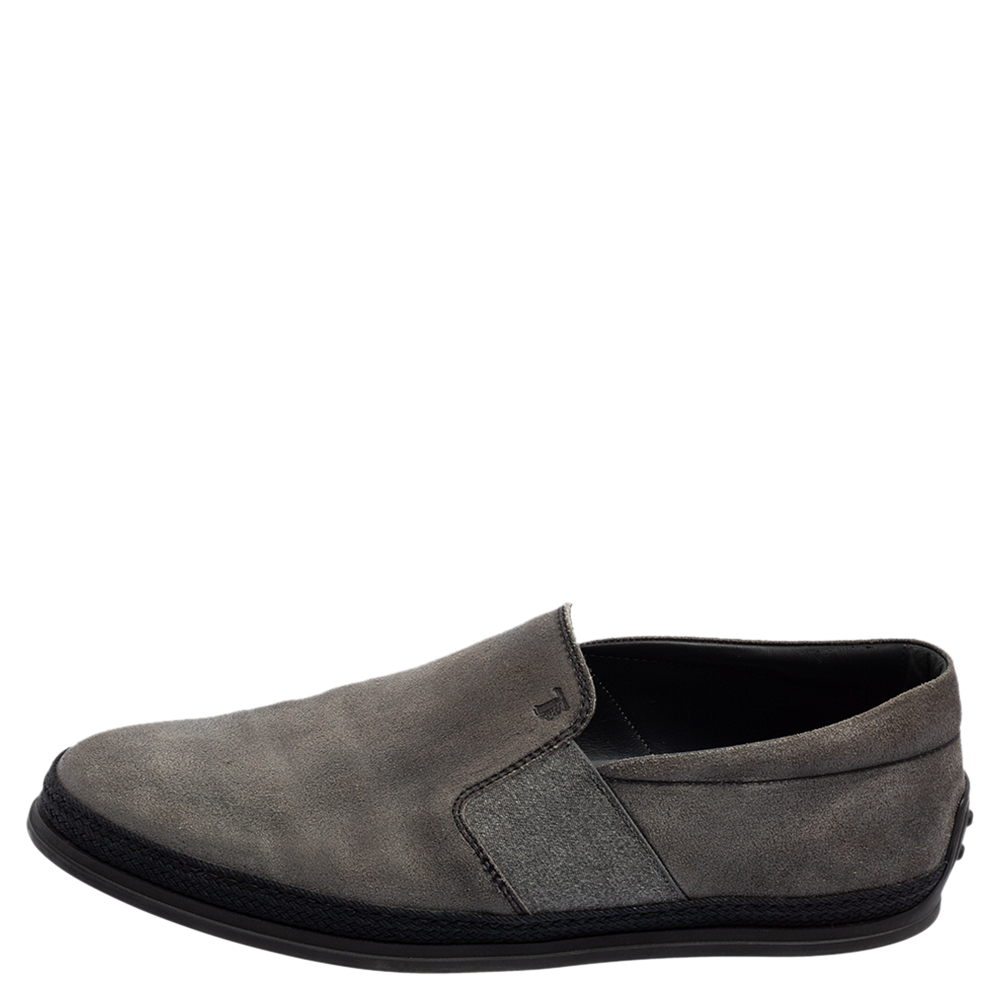 

Tod's Grey Suede and Raffia Trimmed Slip-On Sneakers Size