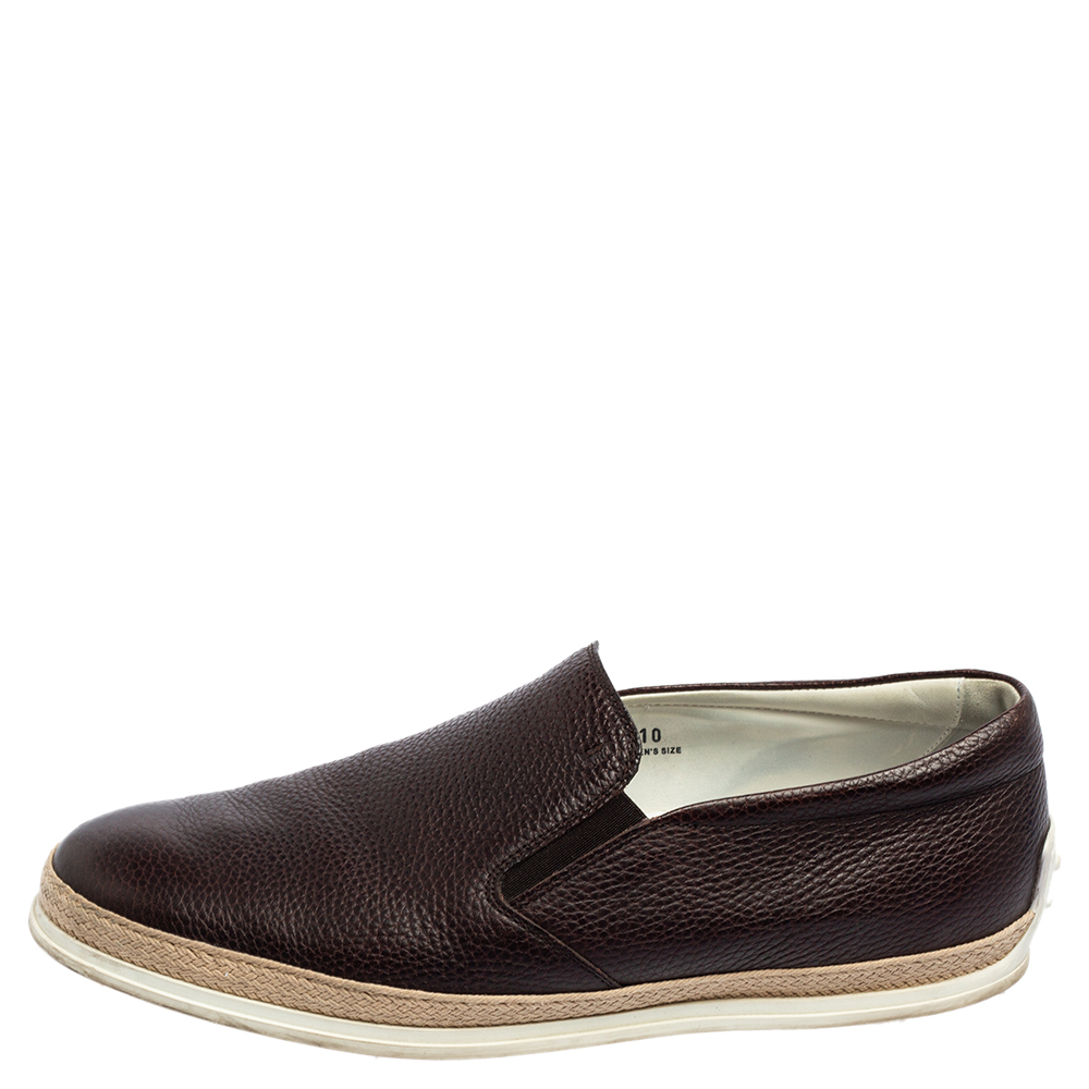 

Tod's Dark Brown Leather Raffia Detailed Slip-On Loafers Size