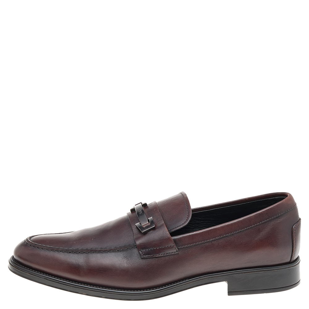 

Tod's Dark Brown Leather Double T Logo Slip On Penny Loafers Size