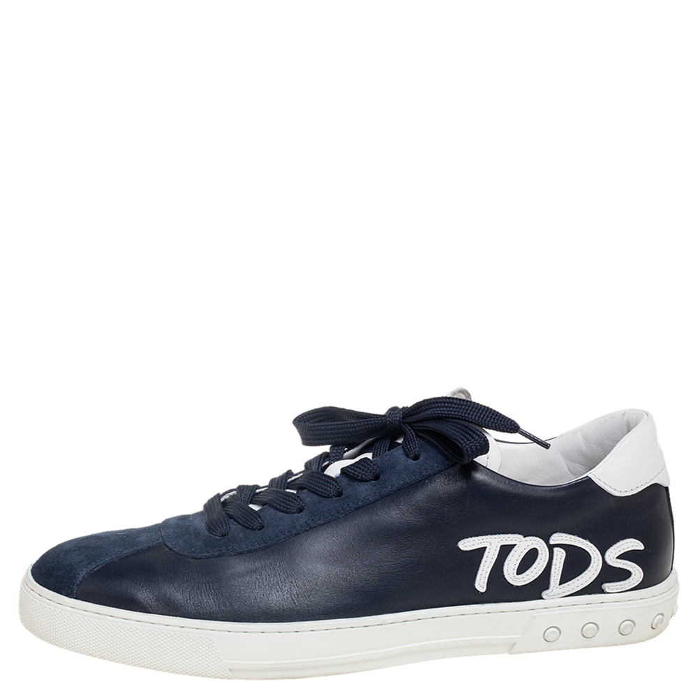 

Tod's Navy Blue Leather and Suede Logo Patch Low-Top Sneakers Size