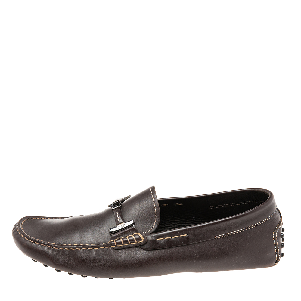 

Tod's Dark Brown Leather Double T Logo Slip On Penny Loafers Size
