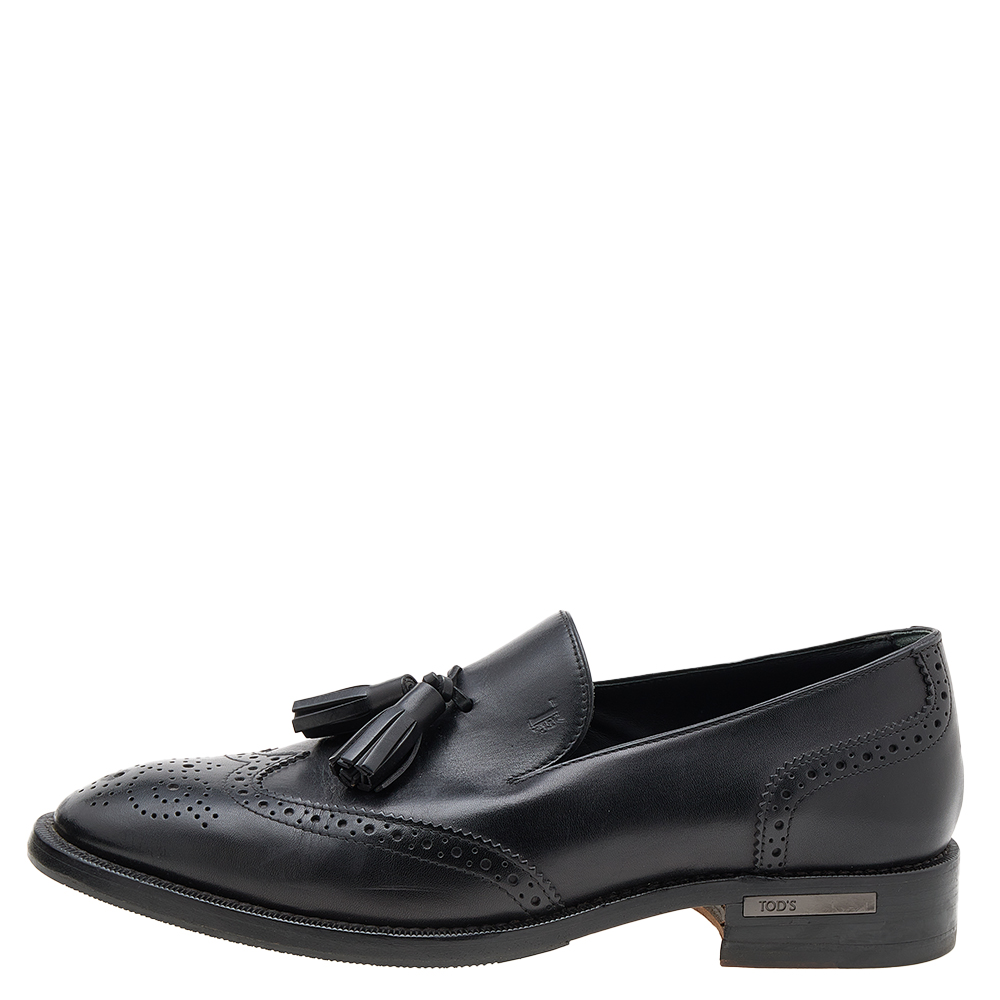 

Tod's Black Brogue Leather Tassel Slip On Loafers Size