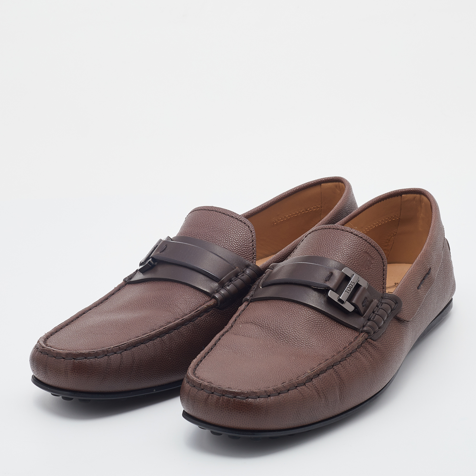 

Tod's Brown Leather Logo Buckle Slip On Loafers Size