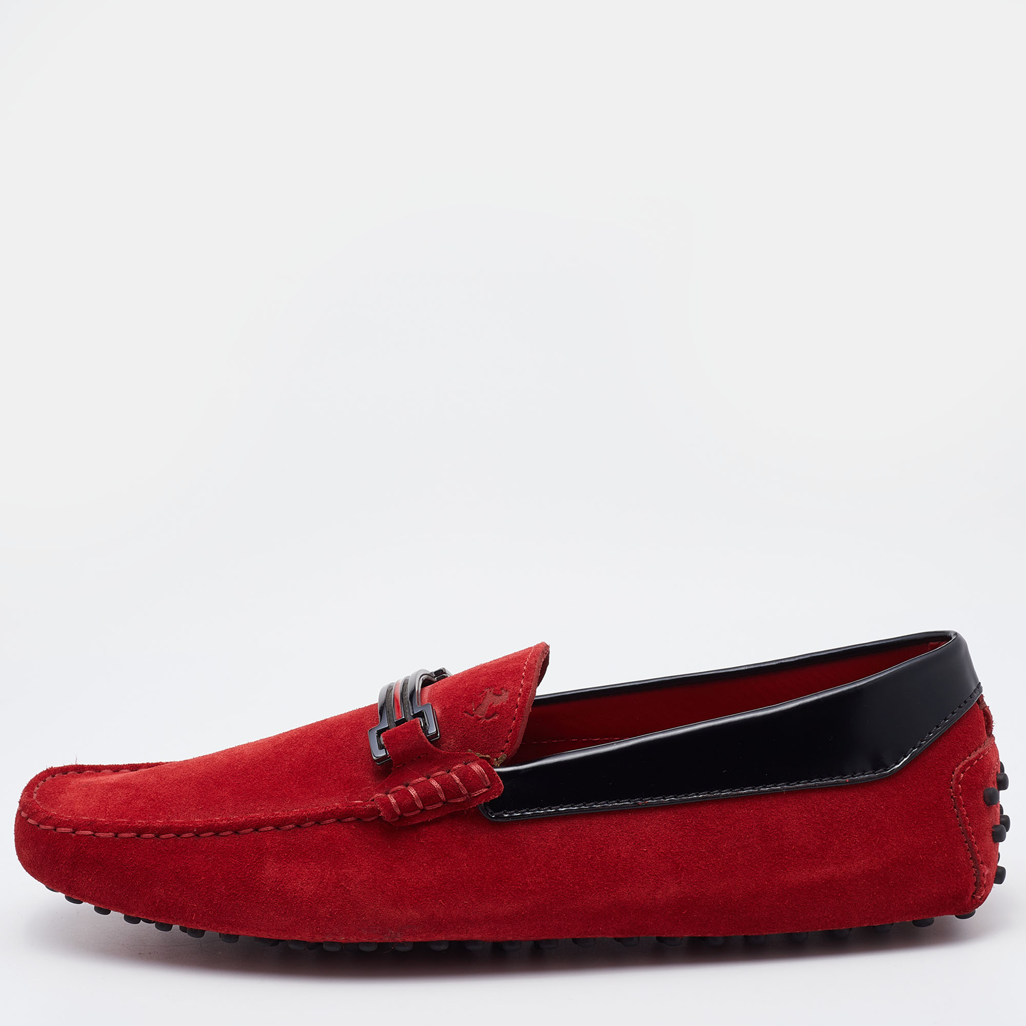 Pre-owned Tod's For Ferrari Red/black Suede Slip On Loafers Size 44