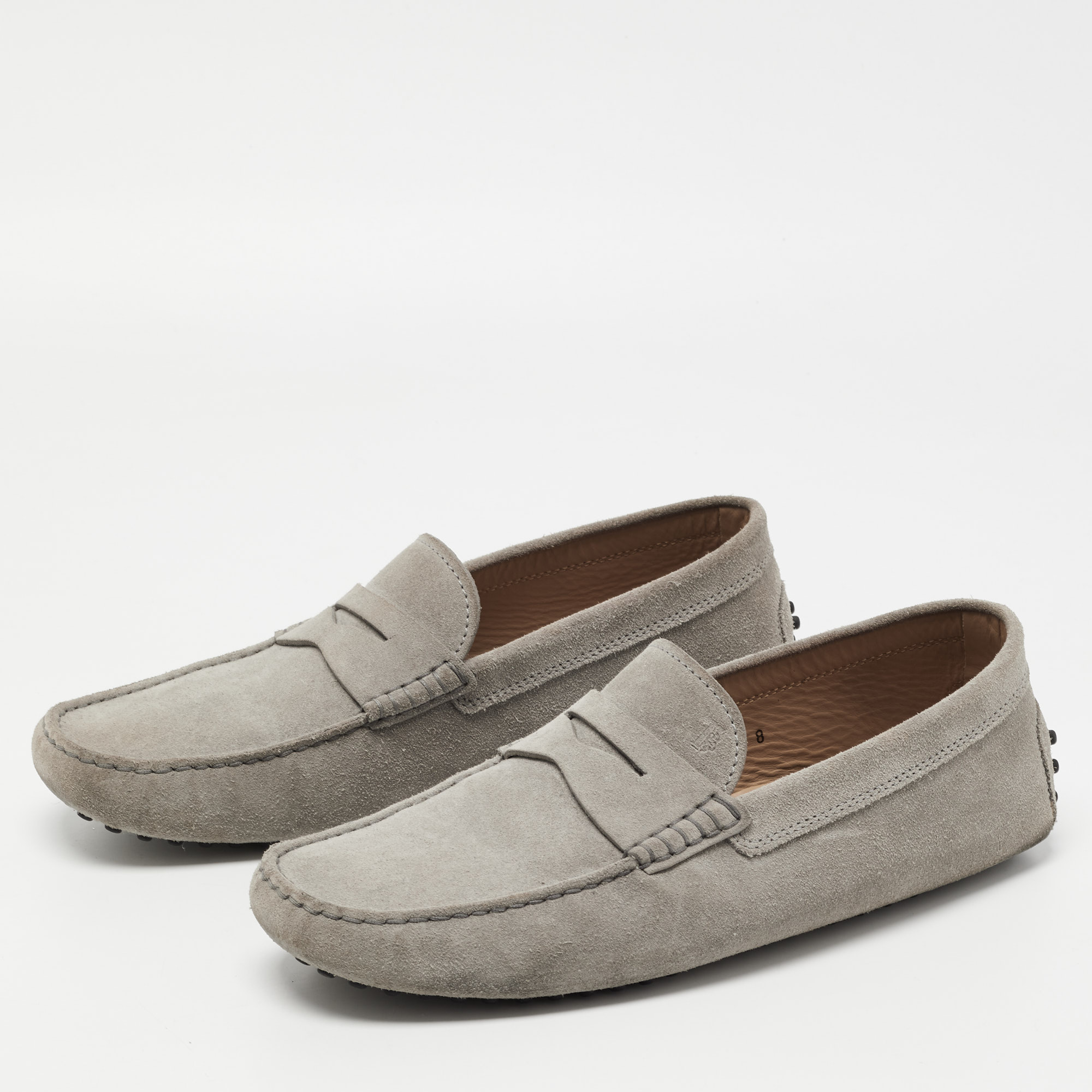 

Tods Grey Suede Penny Gommini Loafers Size