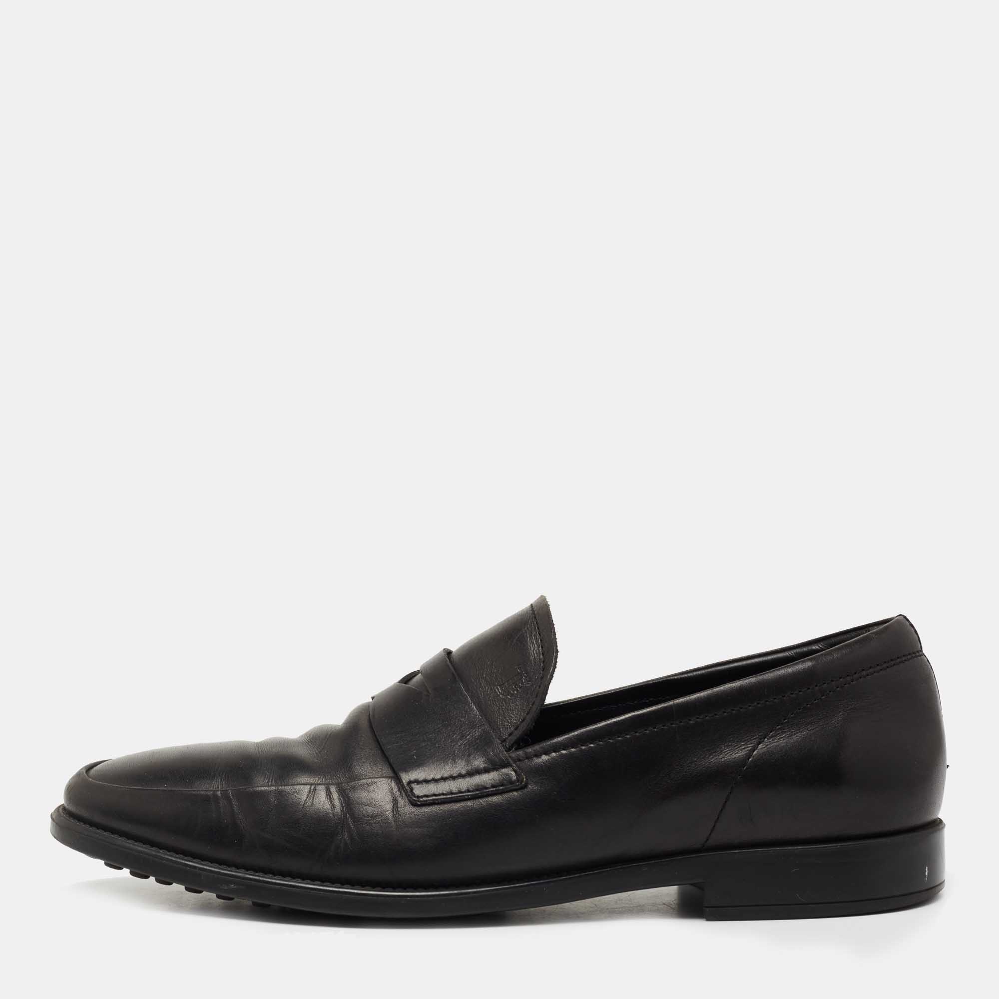 Pre-owned Tod's Black Leather Penny Slip On Loafers Size 39.5