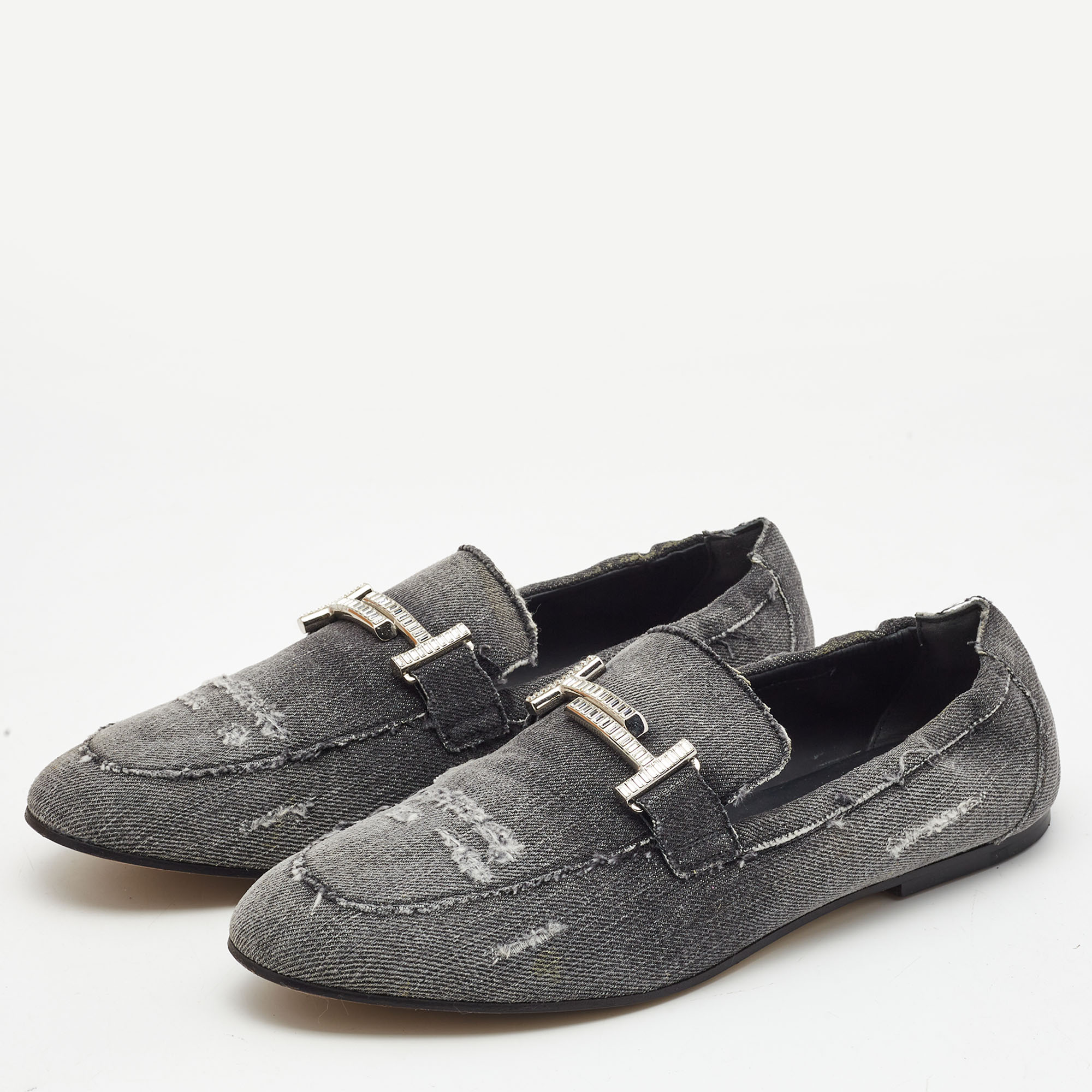 

Tod's Dark Grey Denim Double T Crystal Embellished Loafers Size