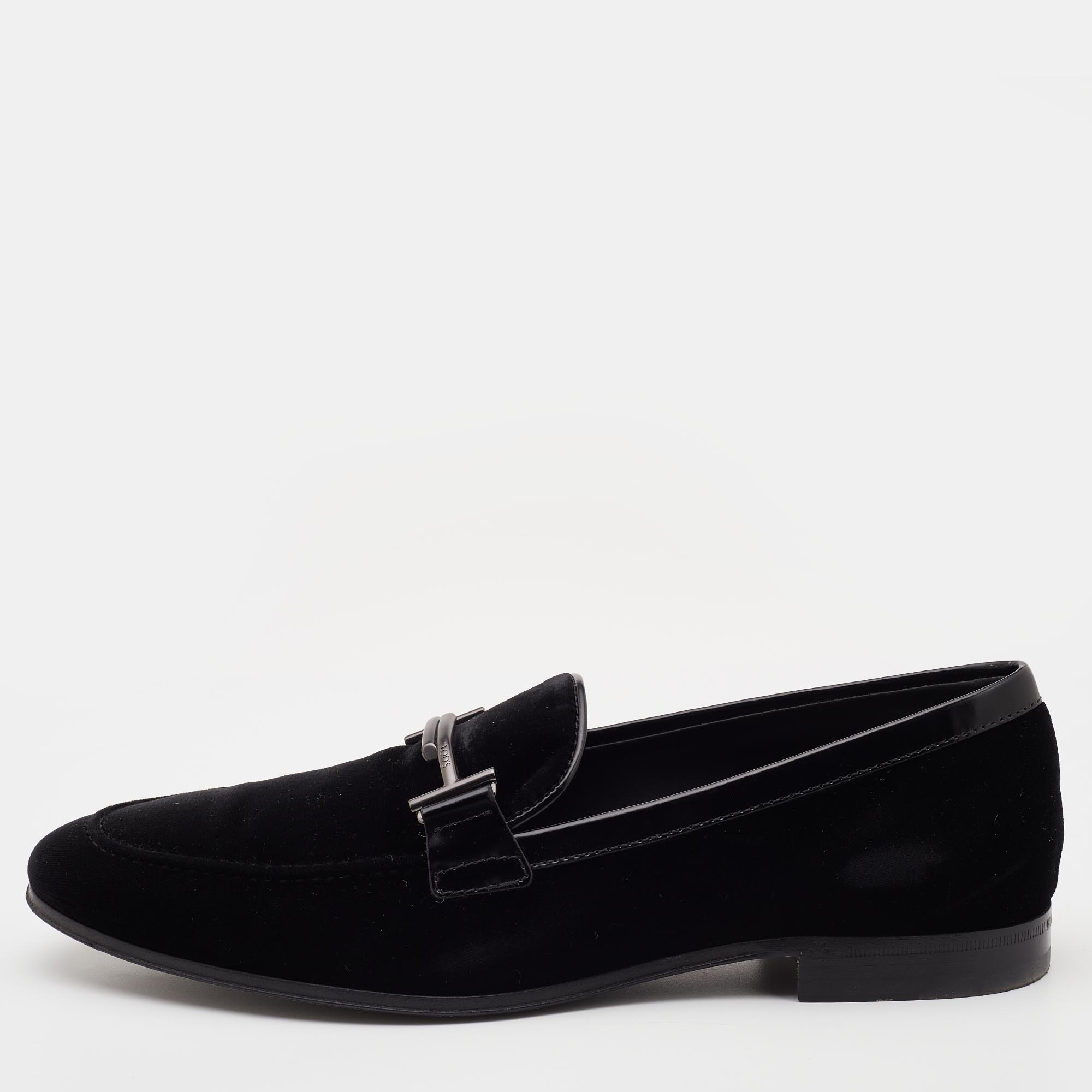 Pre-owned Tod's Black Velvet And Leather Double T Slip On Loafers Size 42
