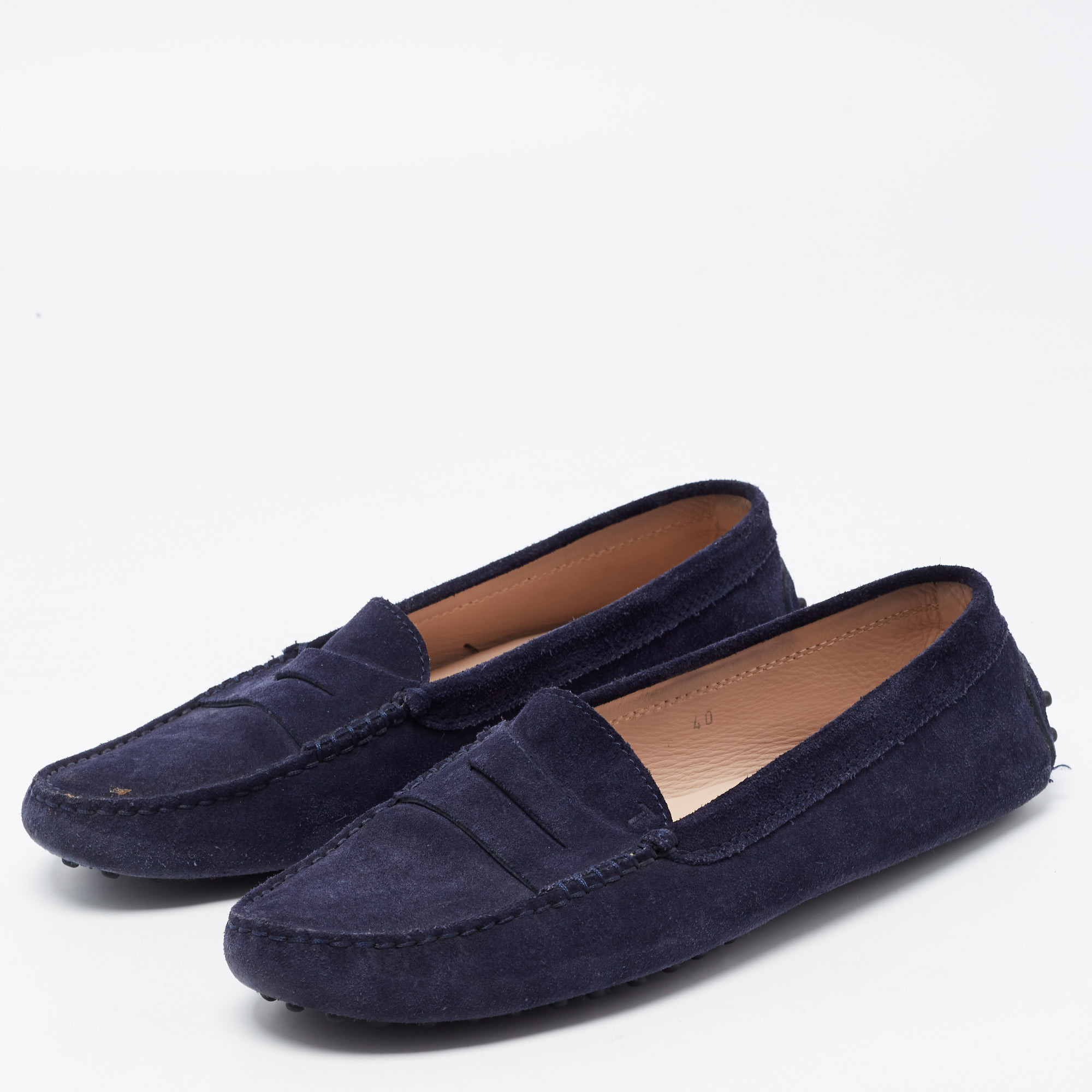 

Tod's Blue Suede Gommino Penny Slip On Loafers Size