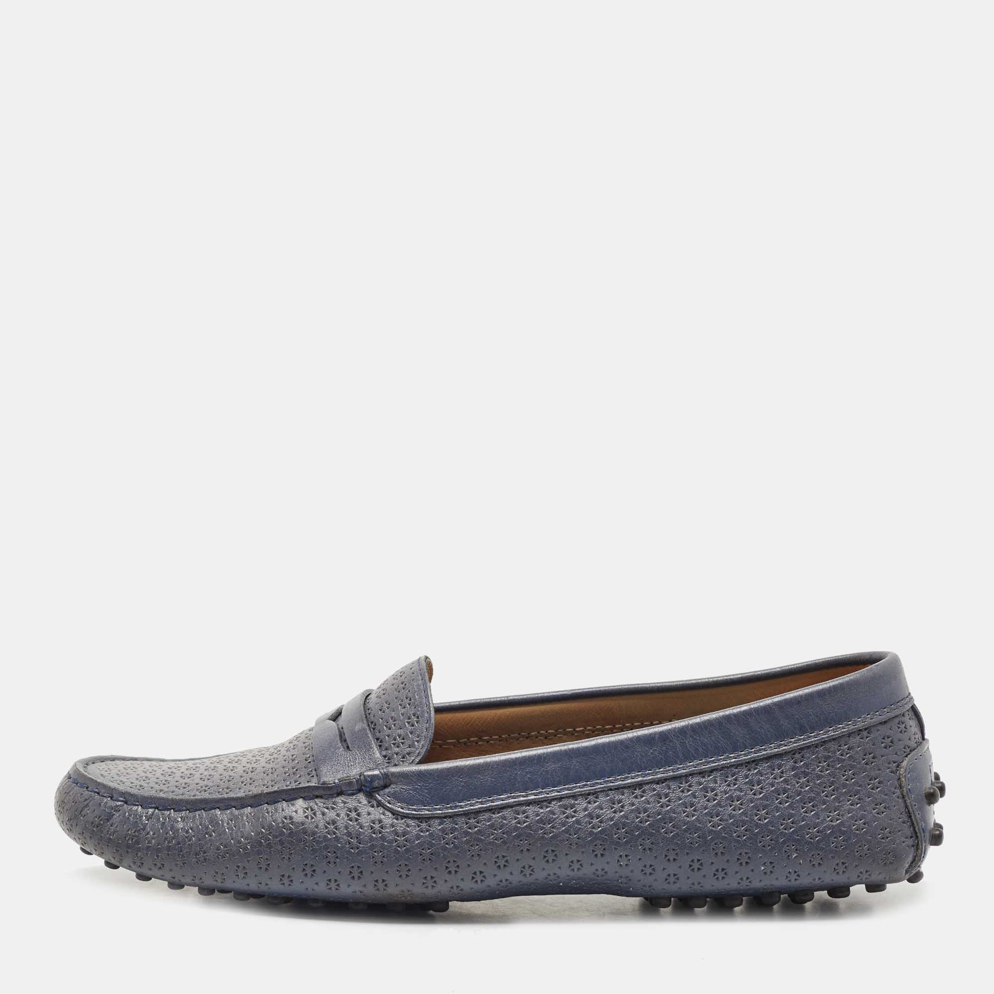 

Tod's Blue Textured Leather Penny Slip On Loafers Size