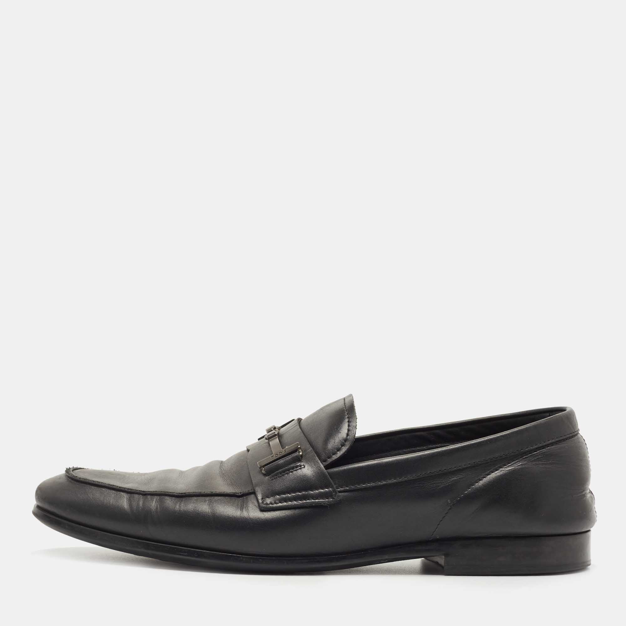 Pre-owned Tod's Black Leather Slip On Loafers Size 44.5