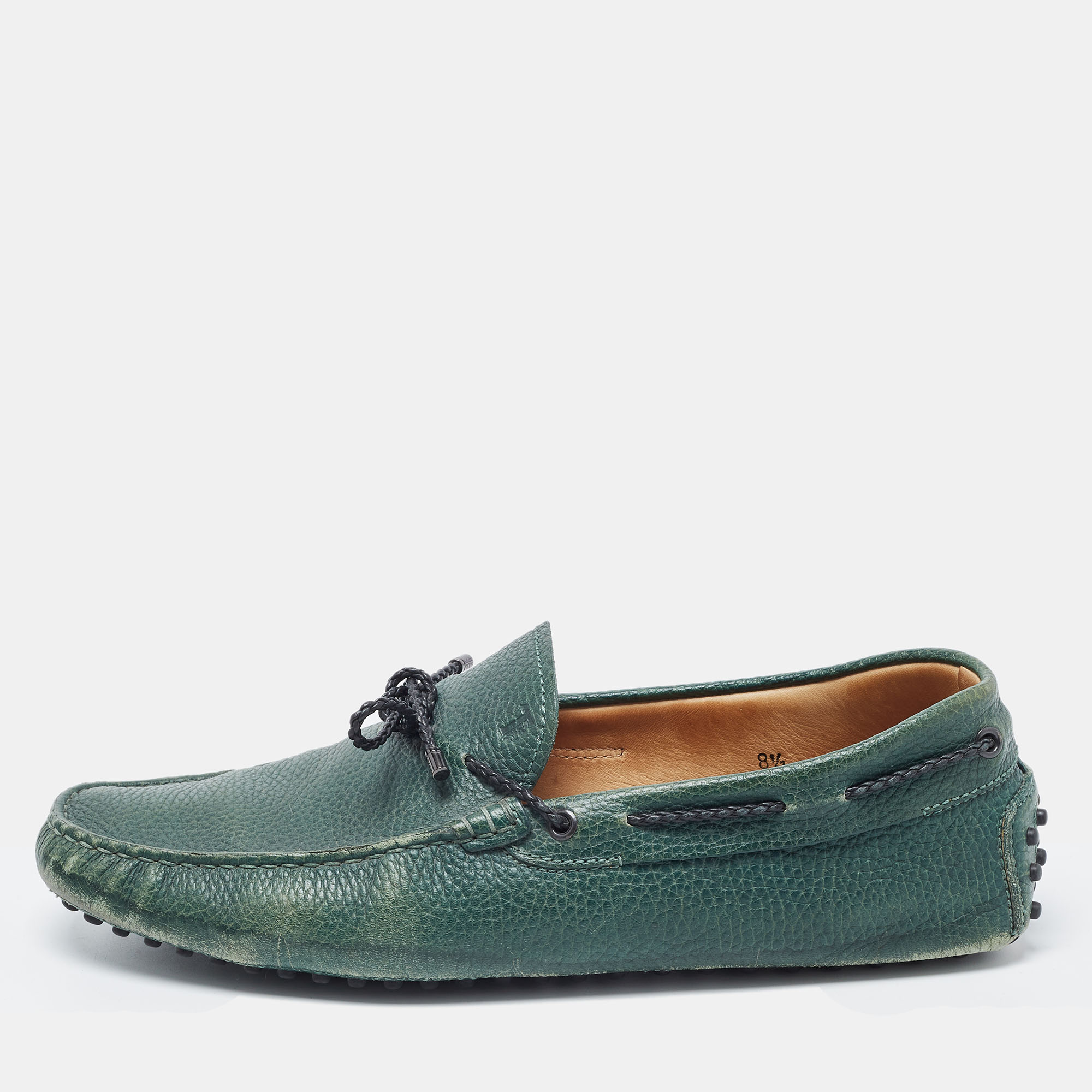 Pre-owned Tod's Green Leather Bow Loafers Size 42.5