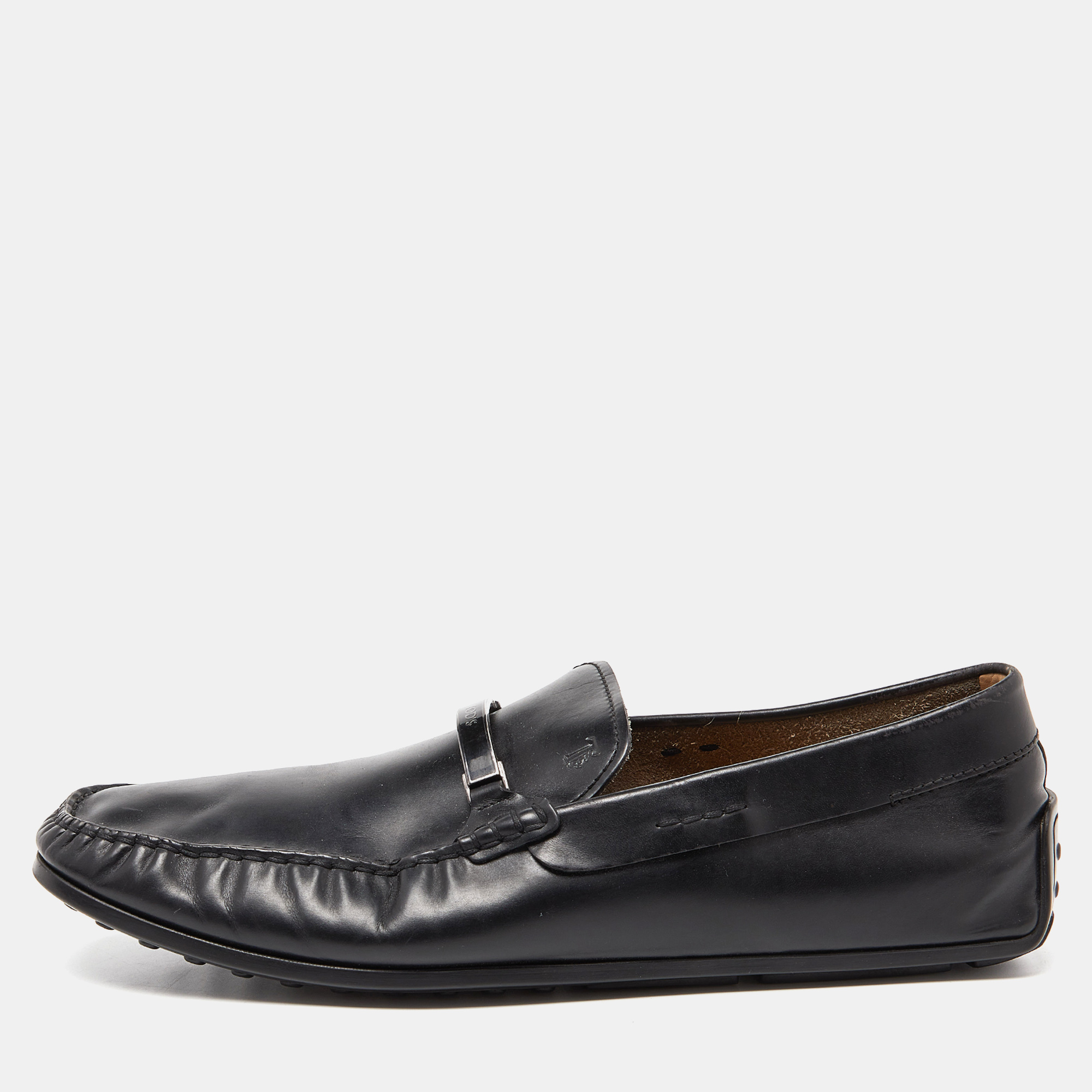 Pre-owned Tod's Black Leather Slip On Loafers Size 44