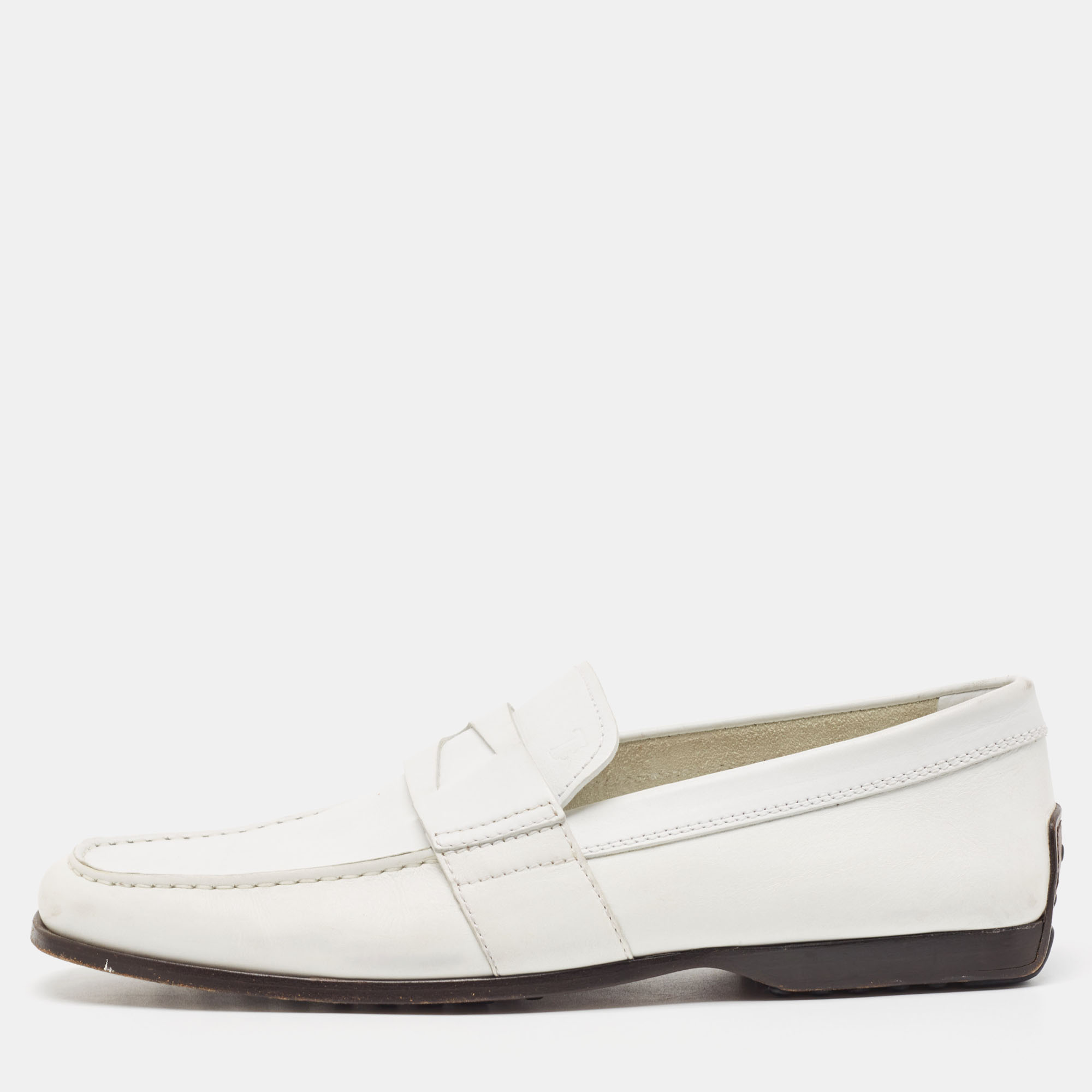 Pre-owned Tod's White Leather Slip On Loafers Size 42.5