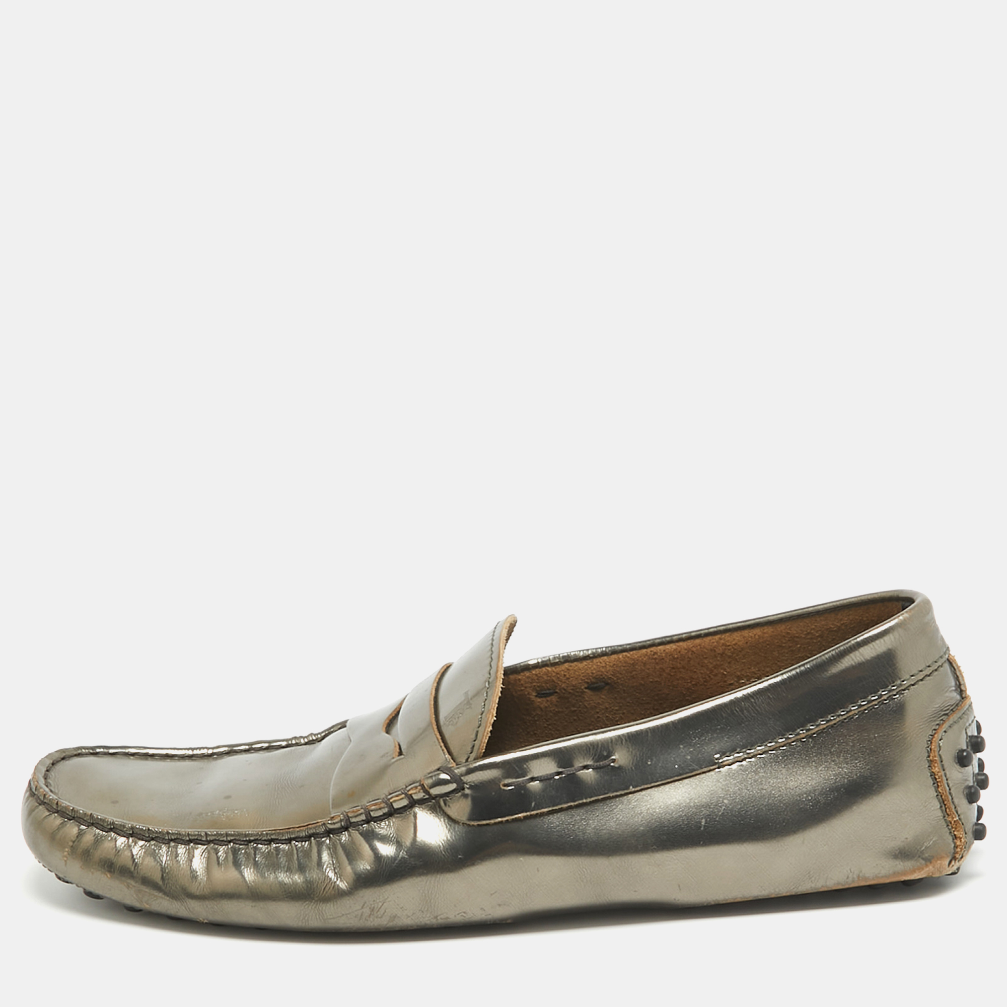 

Tod's Metallic Green Leather Penny Slip On Loafers Size
