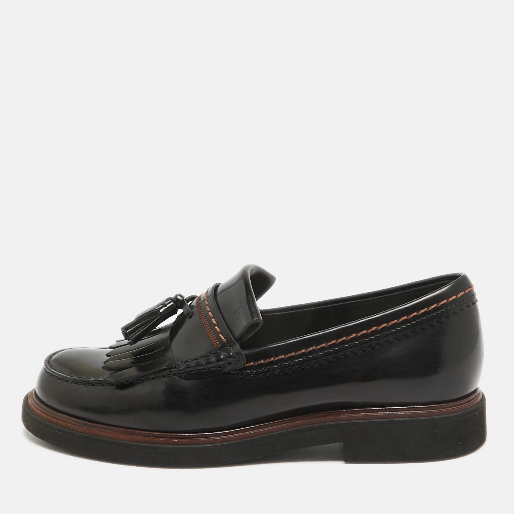 

Tod's Black Leather Tassel Fringe Detail Loafers Size 36.5