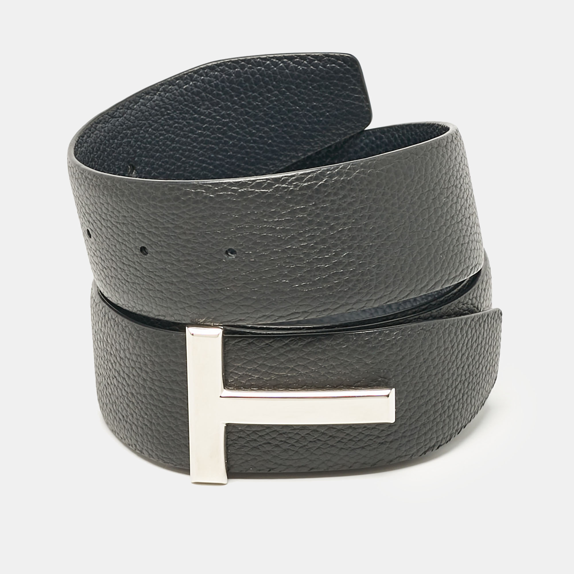 

Tom Ford Black/Navy Blue Leather T Buckle Belt