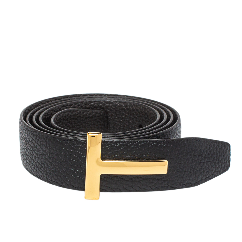 

Tom Ford Black/Chocolate Brown Grained Leather T Icon Reversible Belt