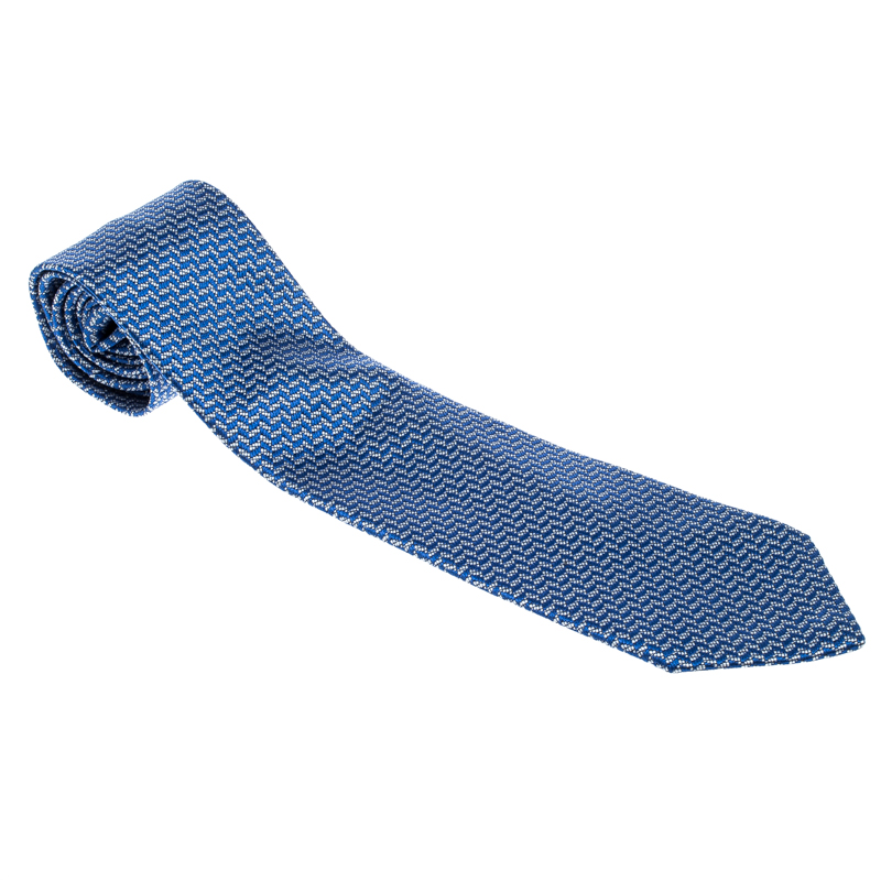 Pre Owned Tom Ford Blue and White Herringbone Pattern Embroidered Traditional Silk Tie