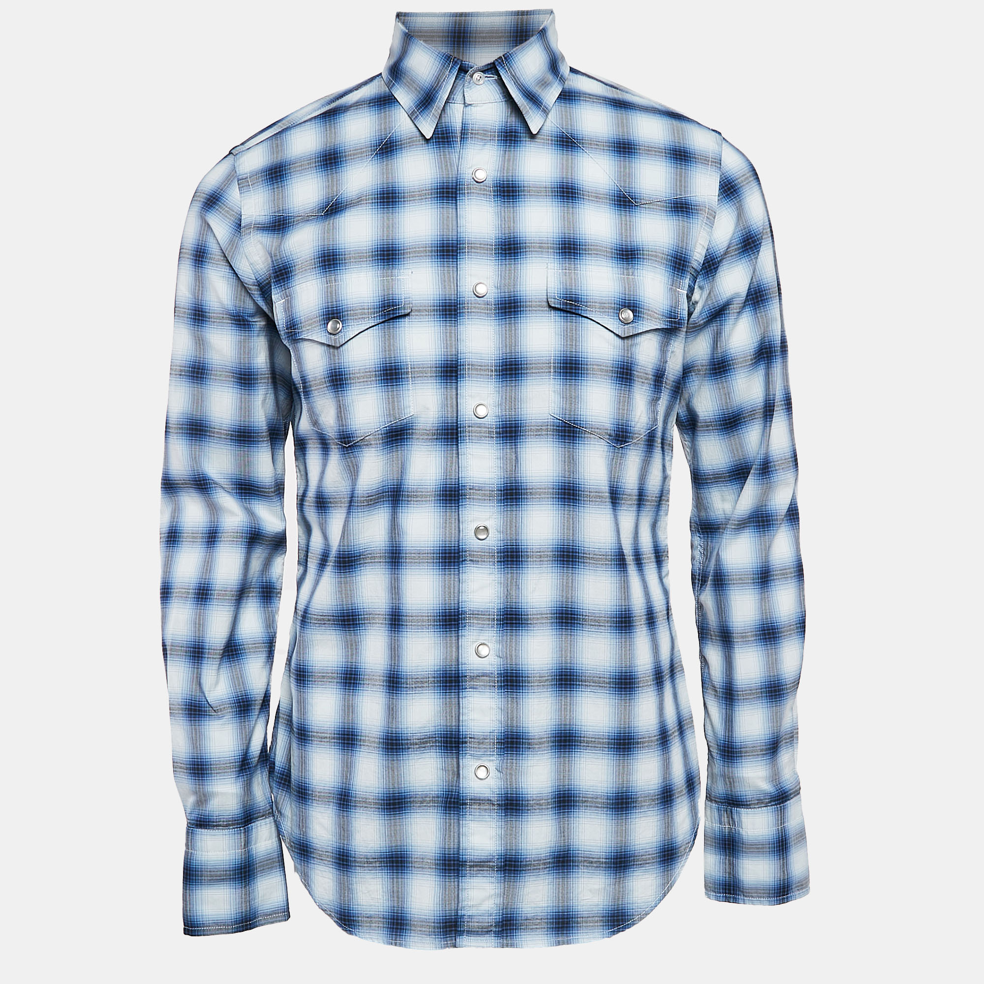 Pre-owned Tom Ford Blue Plaid Cotton Button Front Shirt M