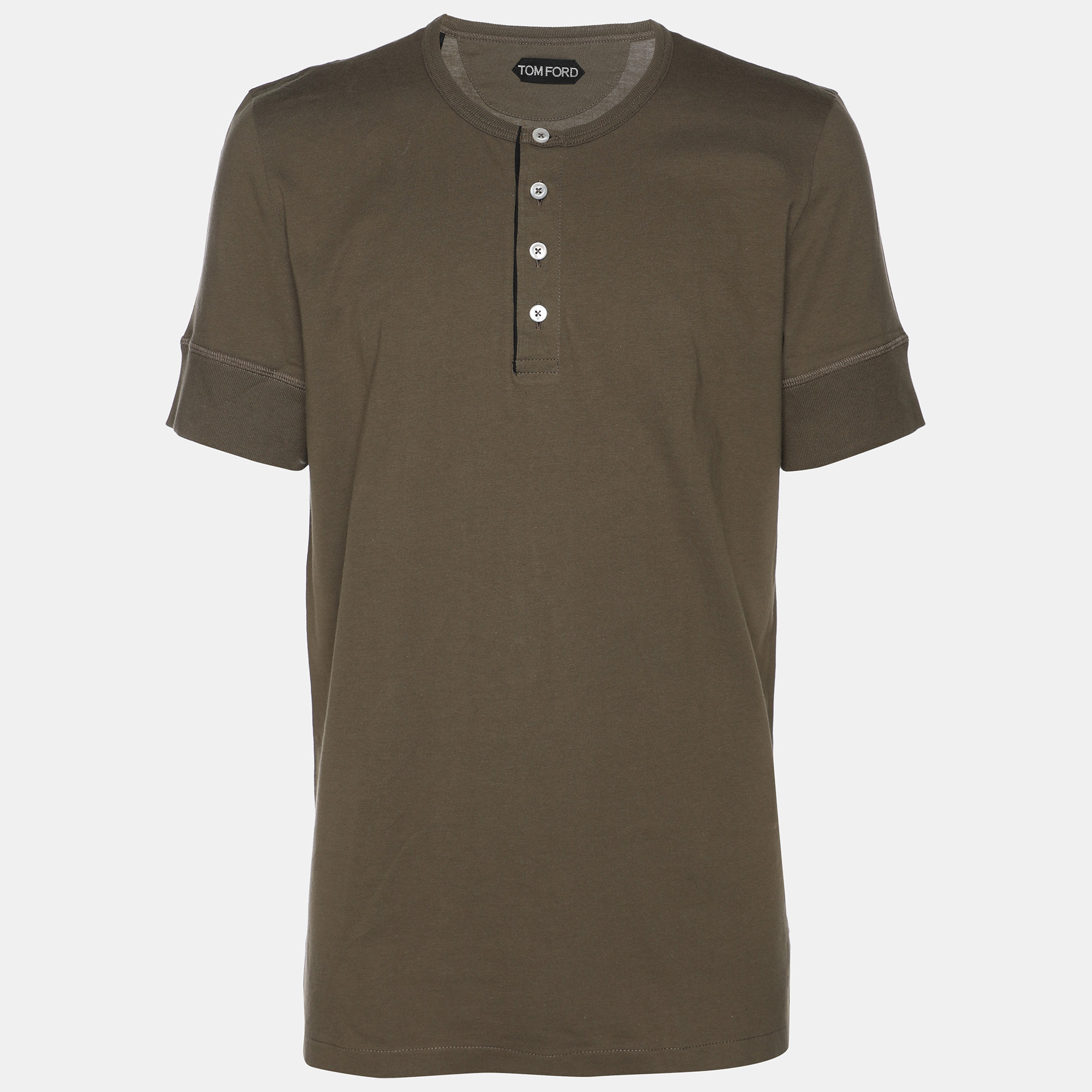 

Tom Ford Olive Green Cotton Knit Henley T-Shirt XL