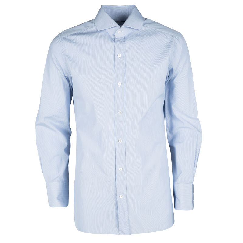 Tom Ford Blue and White Striped Button Front Long Sleeve Shirt L