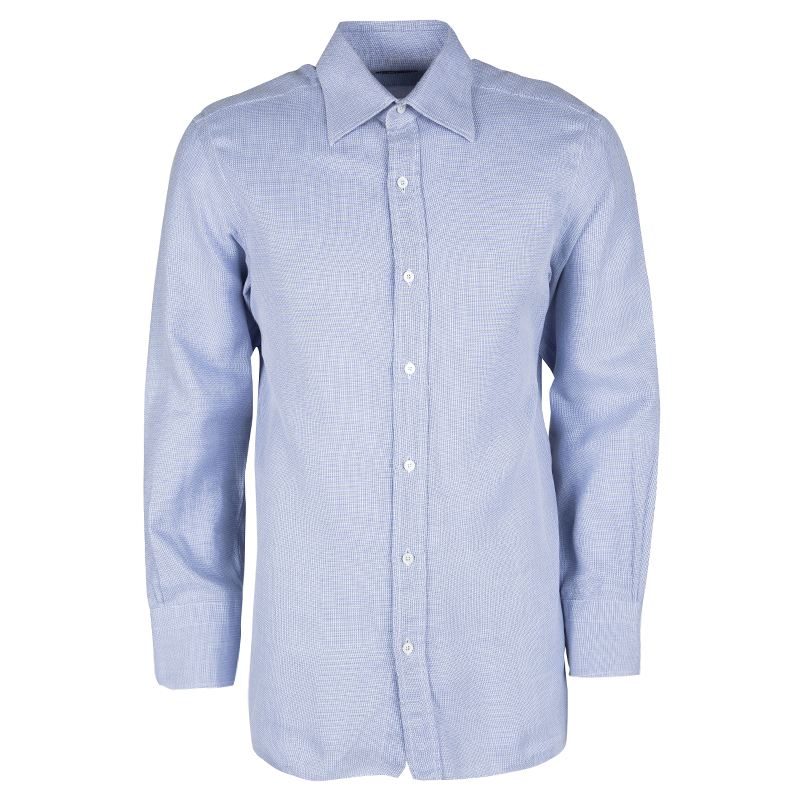 Tom Ford Blue Basketweave Cotton Long Sleeve Button Front Shirt L