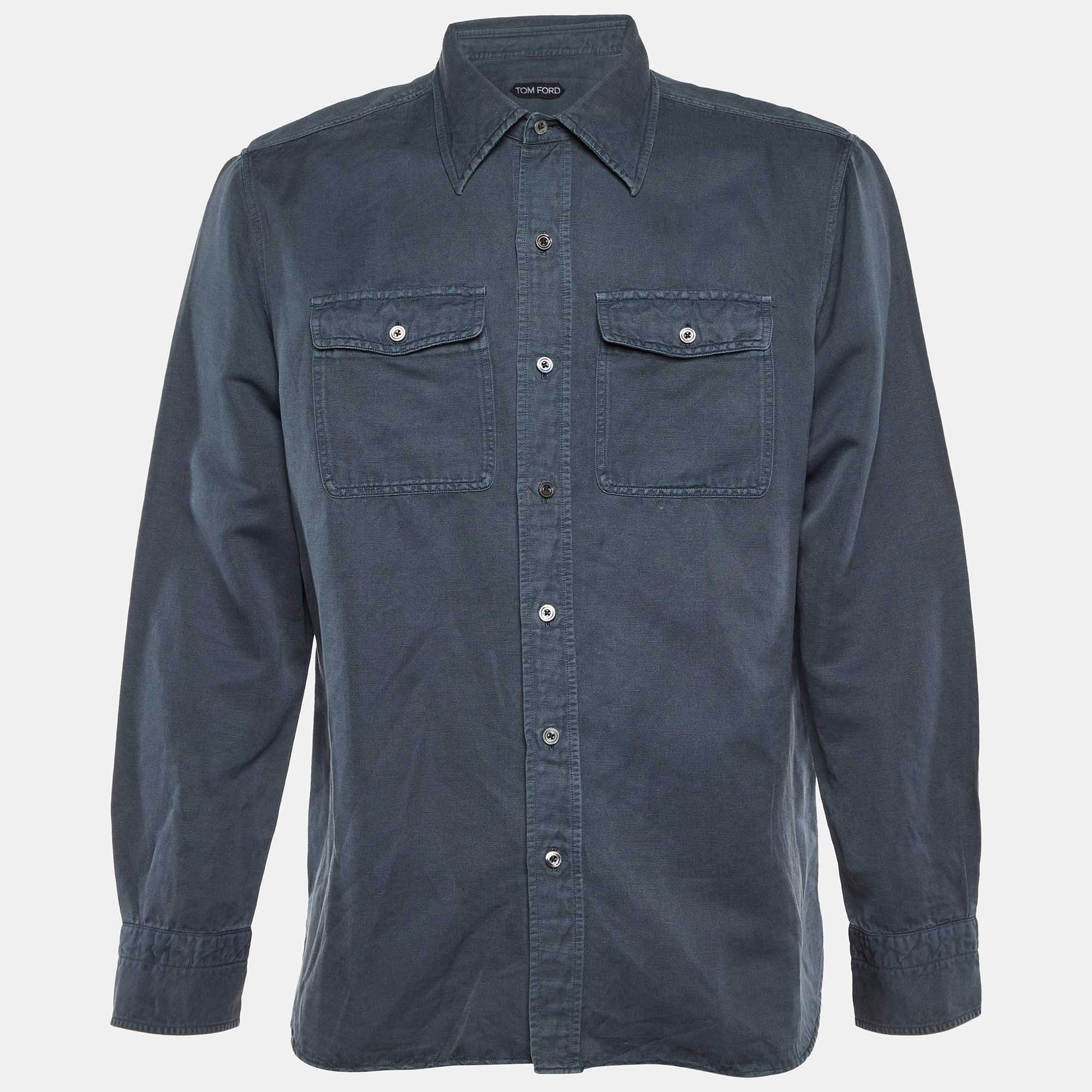 

Tom Ford Blue Linen Blend Button Front Shirt XXXL