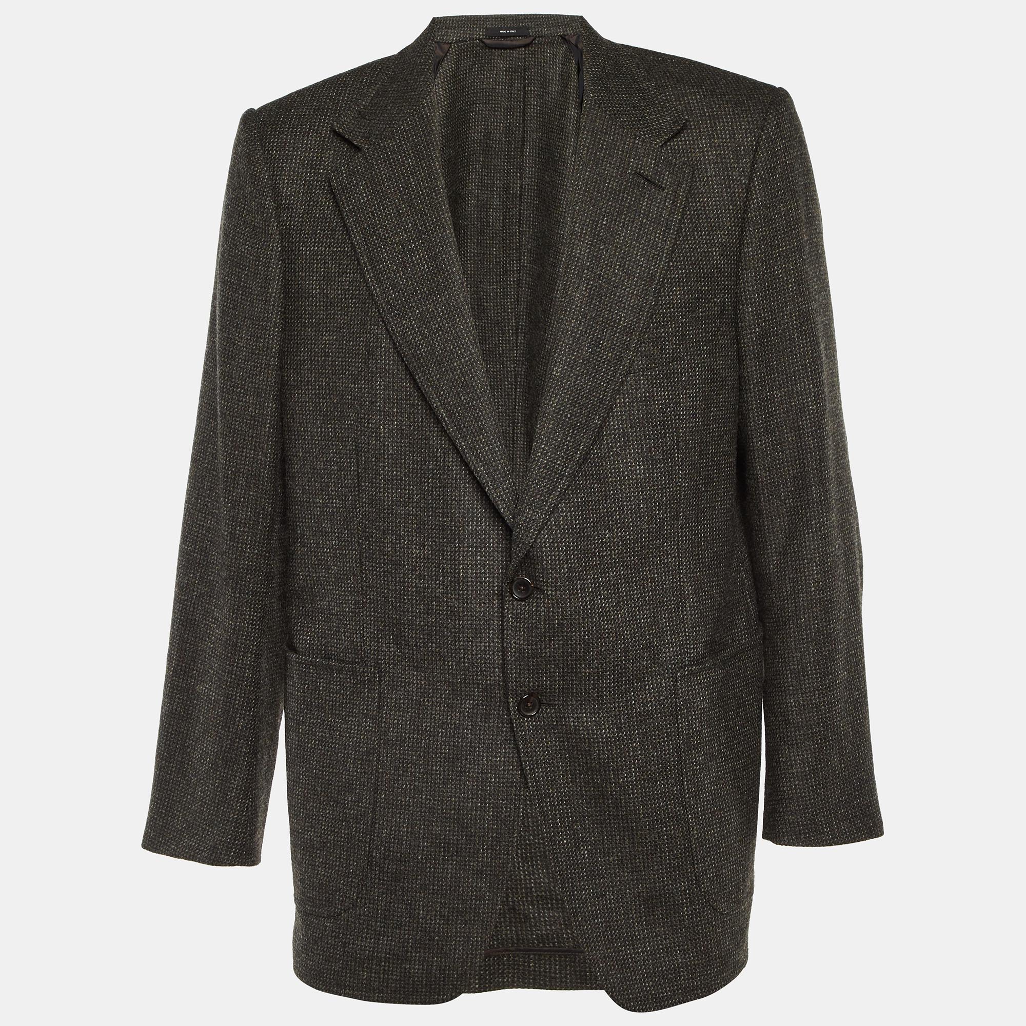 Pre-owned Tom Ford Black Patterned Wool Suede Patch Detail Shelton Blazer 4xl