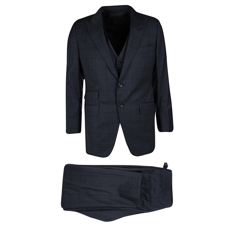 Tom Ford Navy Blue Checked Wool Three Piece Tailored Suit L Tom Ford | TLC