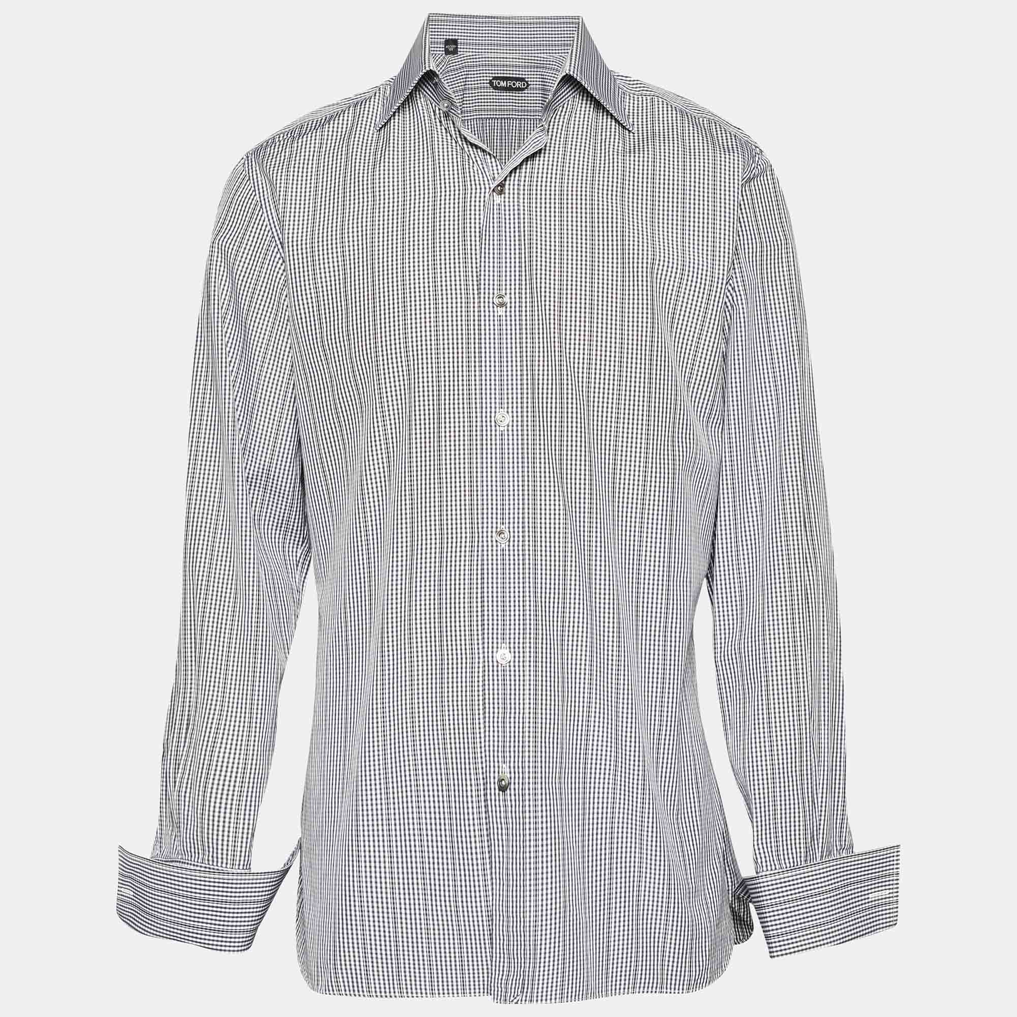 

Tom Ford Monochrome Striped Check Cotton Long Sleeve Shirt XL, Black