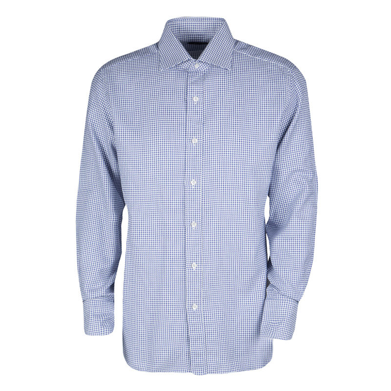 Pre Owned Tom Ford Blue and White Cotton Houndstooth Pattern Long Sleeve Shirt XL